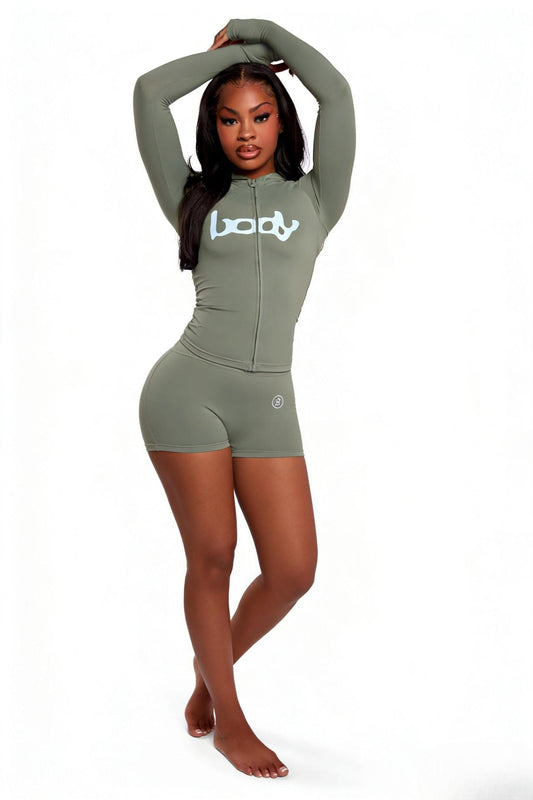 New INS Trendy Printed Sporty Stretch Zipper Hooded Jacket Short Pants Set Two Piece Women Outfits