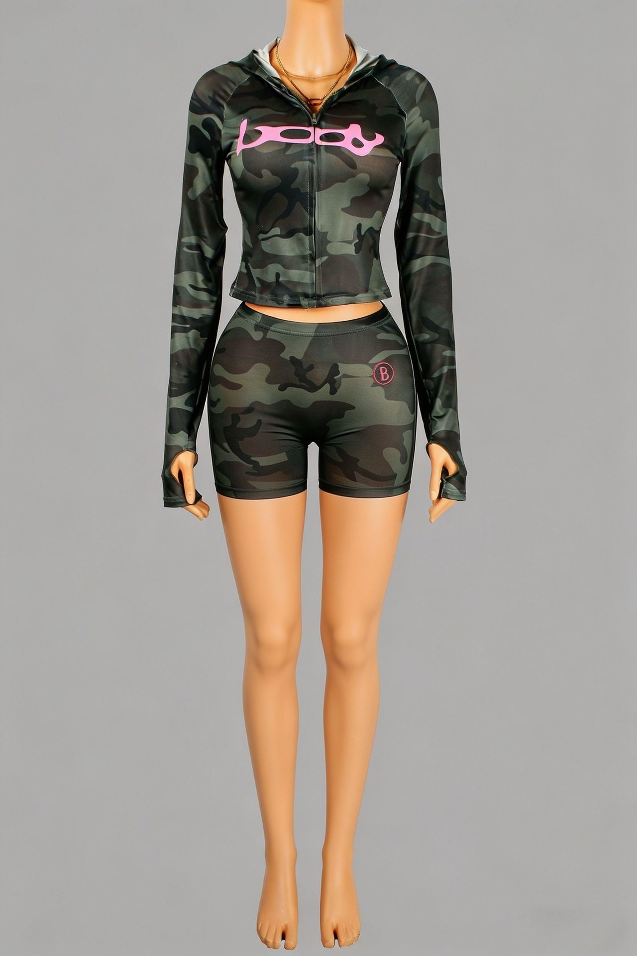 New INS Trendy Printed Sporty Stretch Zipper Hooded Jacket Short Pants Set Two Piece Women Outfits
