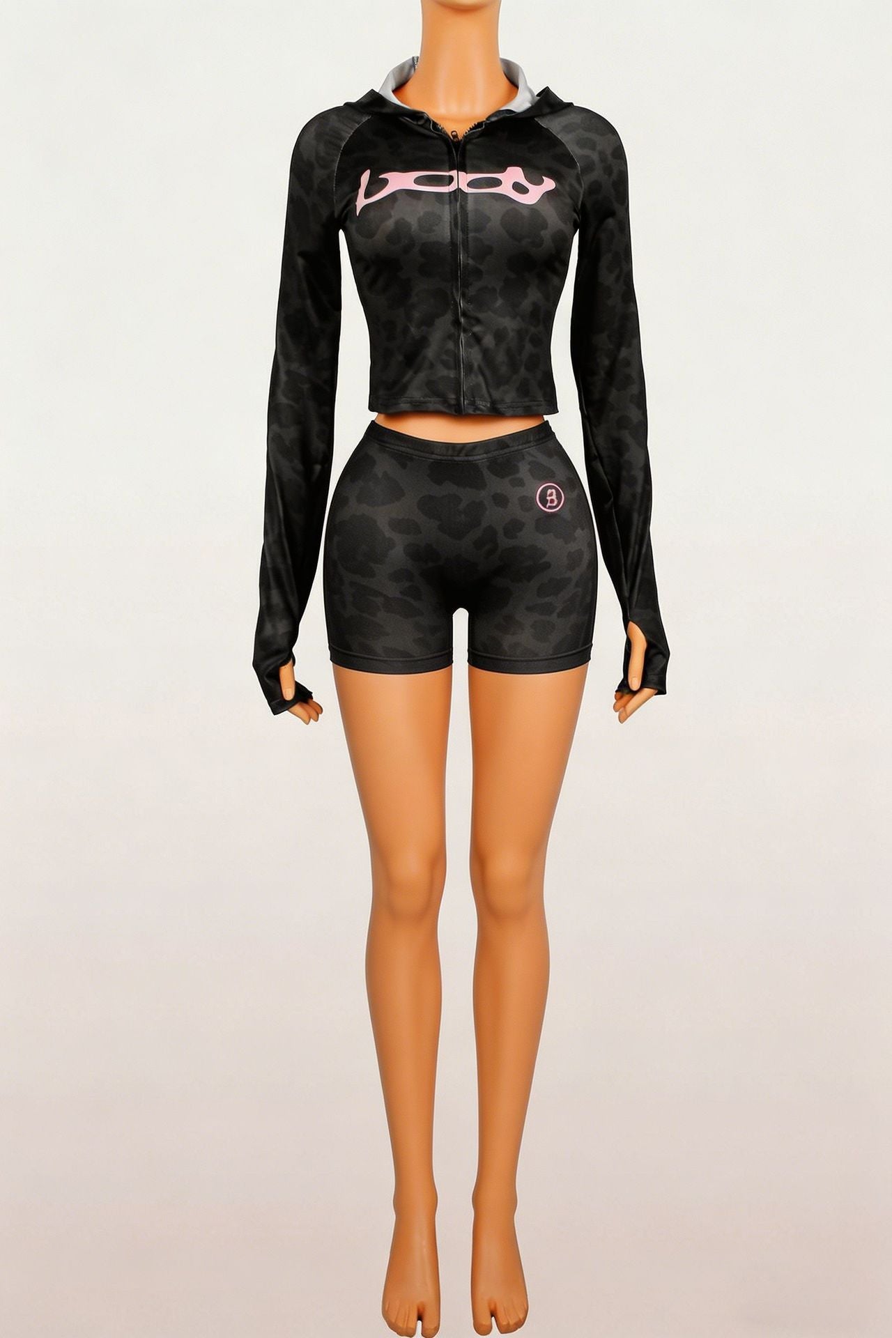 New INS Trendy Printed Sporty Stretch Zipper Hooded Jacket Short Pants Set Two Piece Women Outfits