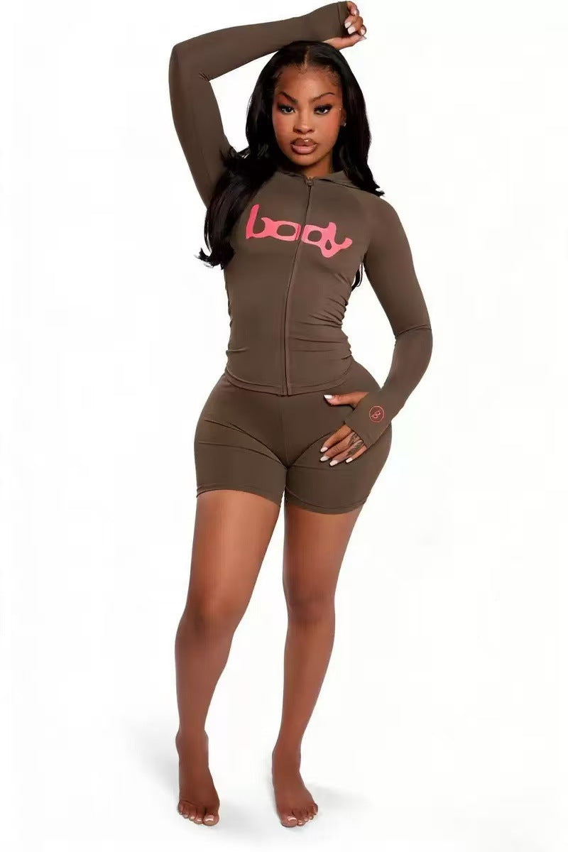 New INS Trendy Printed Sporty Stretch Zipper Hooded Jacket Short Pants Set Two Piece Women Outfits